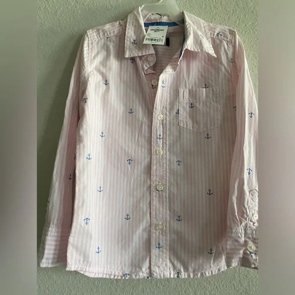 OshKosh Boys NWT Pinstripe Poplin Button Front Shirt Pink Striped Anchors Size 6